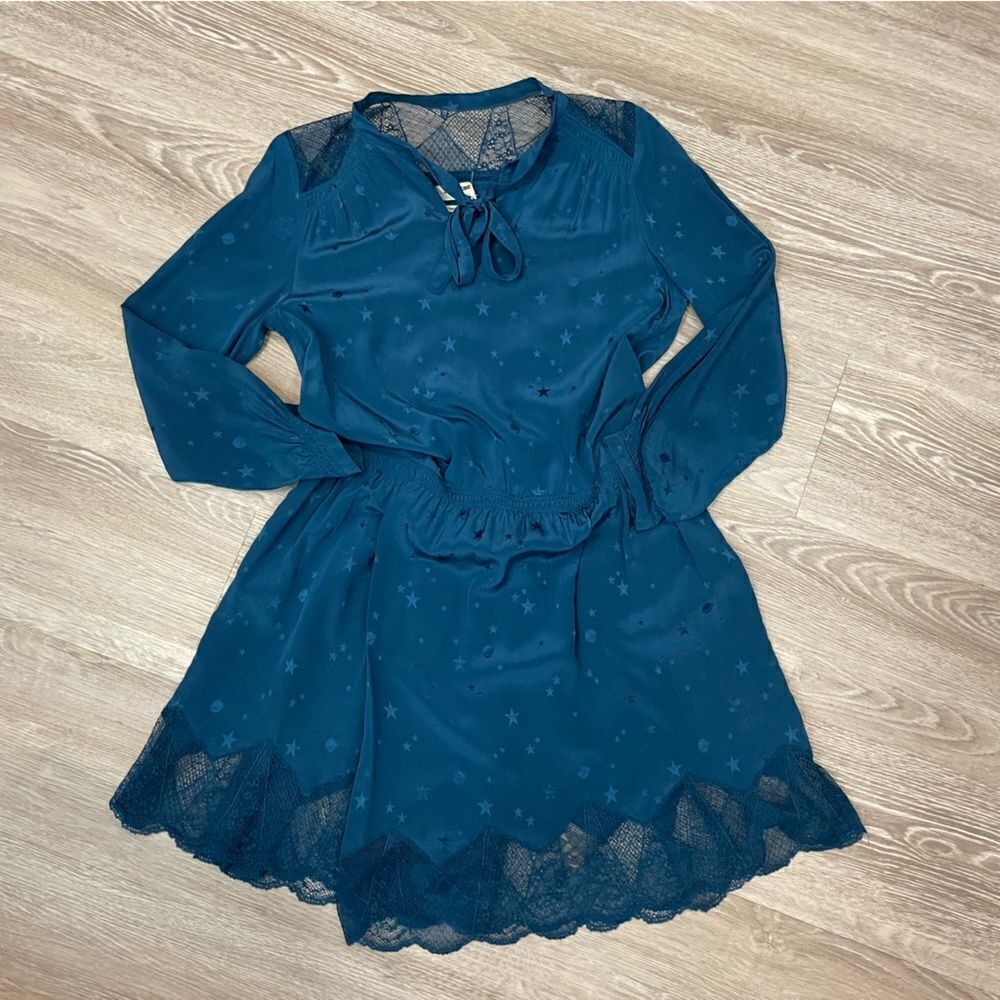 Zadig & Voltaire Silk Blue Lace Trim Mini Dress sz XS